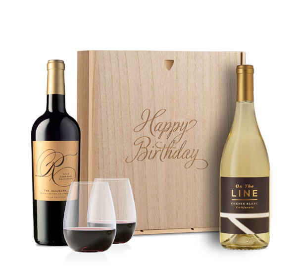 Great Wines & Glasses in “Happy Birthday” Wood Case Great Wines & Glasses in “Happy Birthday” Wood Case
